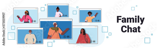 grandparents parents and children having virtual meeting during video call family chat communication concept african amerifcan people chatting in web browser windows portrait horizontal vector