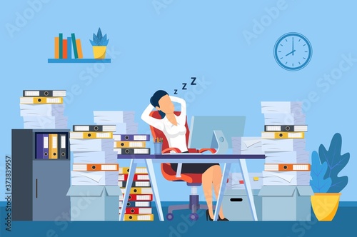 Businesswoman is sleeping at his workplace desk during working hours with the piles of paper document around. Procrastinating and wasting time concept. Vector illustration in flat style