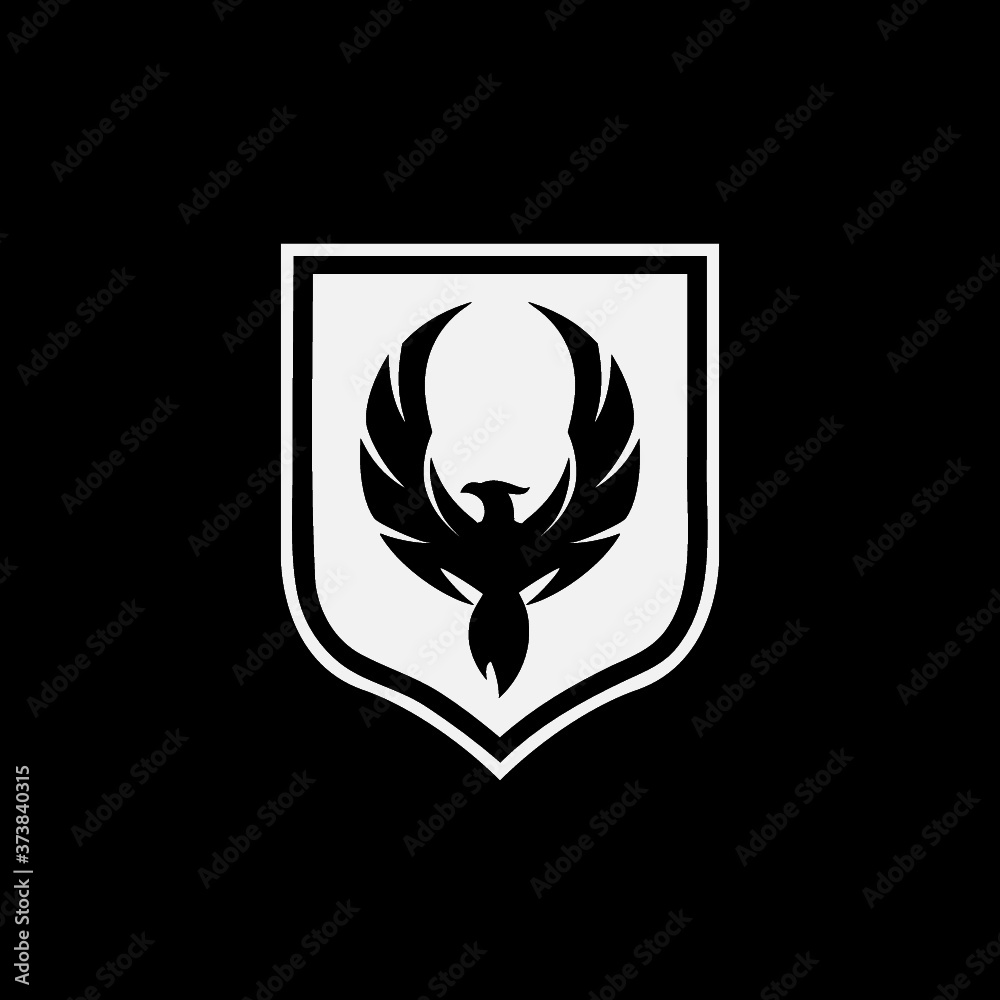 Phoenix logo design. Bird and shield icon design isolated on dark background Phoenix logo design. Bird and shield icon design isolated on dark background