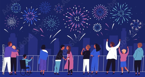 Crowd of people admiring celebratory fireworks at night cityscape vector flat illustration. Citizens of megapolis contemplating festive pyrotechnics show. Man, woman and children at urban holiday