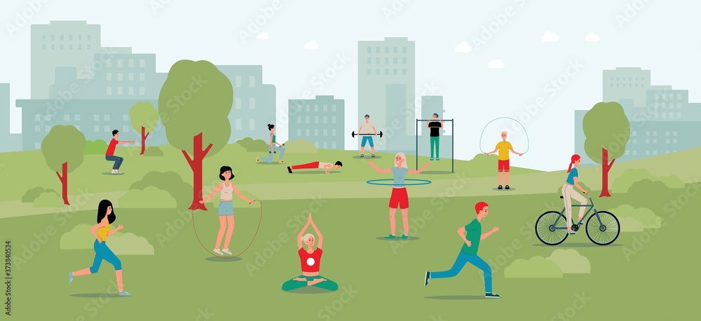 Naklejka premium City park background with people doing sport workout flat vector illustration.