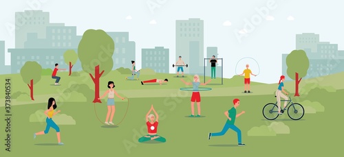 City park background with people doing sport workout flat vector illustration.