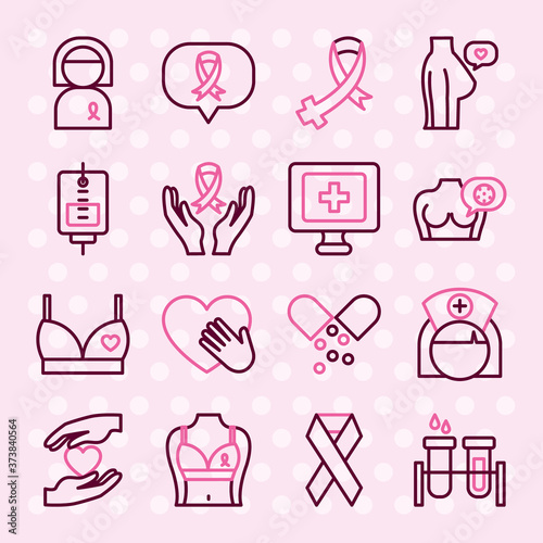 hearts and breast cancer icon set, half color half line style