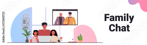 father and children having virtual meeting with grandparents in web browser window during video call family chat communication concept living room interior horizontal portrait vector illustration