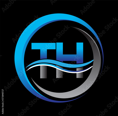 initial letter logo TH company name blue and grey color on circle and swoosh design. vector logotype for business and company identity.