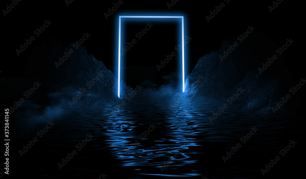 Fototapeta Futuristic abstraction of blue and pink neon light on black background, light reflection on water with empty space for text. Empty neon stage, light figures. 3D illustration.