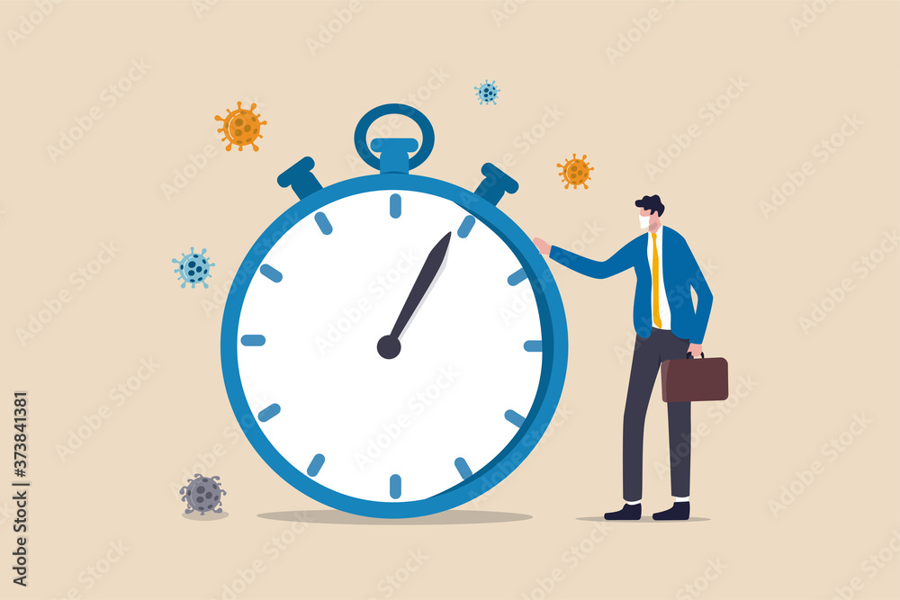 Time countdown for coronavirus COVID-19 outbreak to impact global economic and business shut down or quarantine concept, businessman wearing face mask standing with time counting down stop watch.