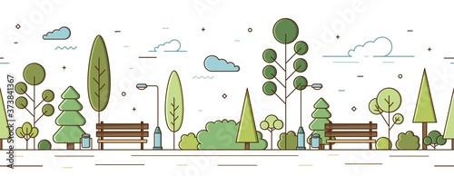 Empty modern city park with trees, bushes, benches and street lights vector illustration in line art style. Horizontal garden or public recreational place infrastructure seamless pattern
