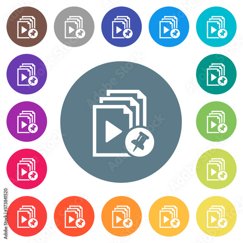 Pin playlist flat white icons on round color backgrounds