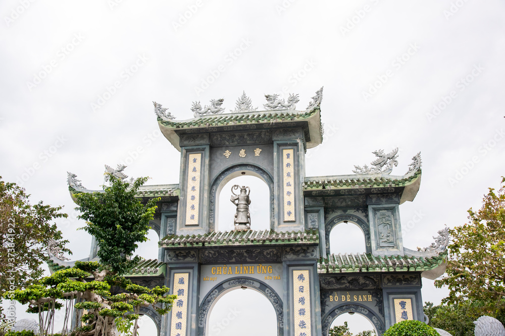 Entrance gate to a Buddhist pagoda, temple at Lady Buddha Temple, Da Nang, Vietnam