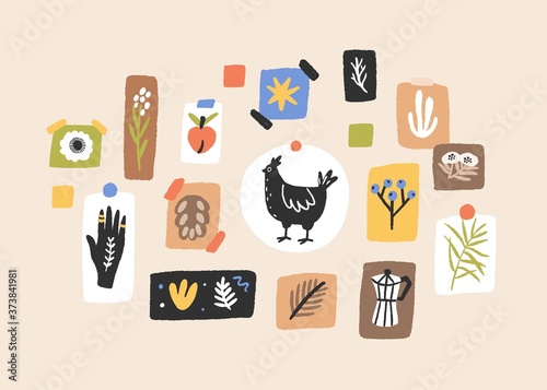 Wall with colorful cute images and posters vector flat illustration. Modern indoor decoration pictures with plants, chicken and ethnic symbol isolated. Abstract composition for house interior