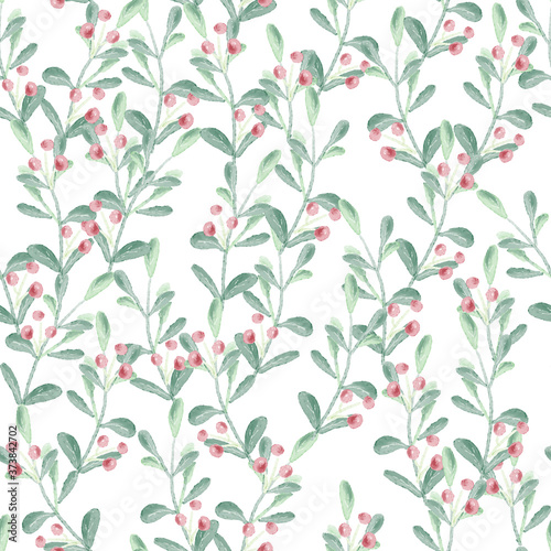 watercolor Christmas red berry branch seamless pattern for fabric or paper wrapping digital painting © Unchalee