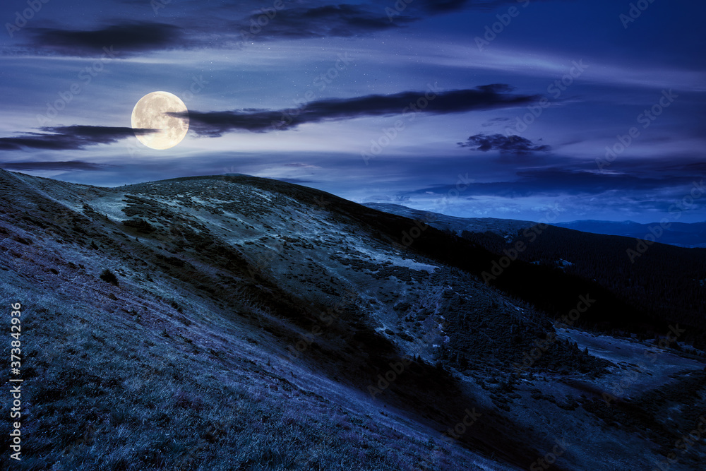 Obraz premium hills and valley of mountain landscape at night. clouds on the deep blue sky. beautiful scenery of chornohora ridge in full moon light
