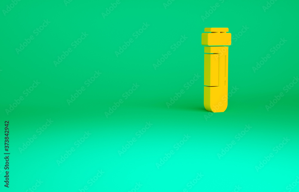 Orange Test tube or flask with blood icon isolated on green background. Laboratory, chemical, scientific glassware sign. Minimalism concept. 3d illustration 3D render. Orange Test tube or flask with blood icon isolated on green background. Laboratory, chemical, scientific glassware sign. Minimalism concept. 3d illustration 3D render.