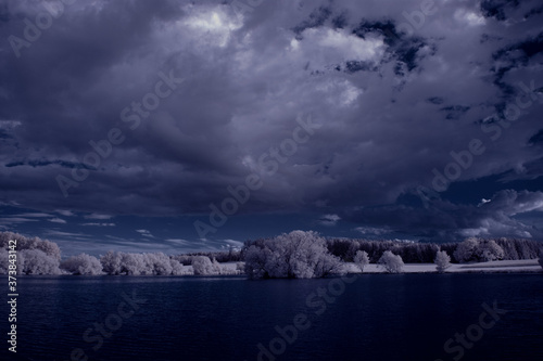 infrared photography - ir photo of landscape with tree under sky with clouds - the art of our world and plants in the infrared camera spectrum