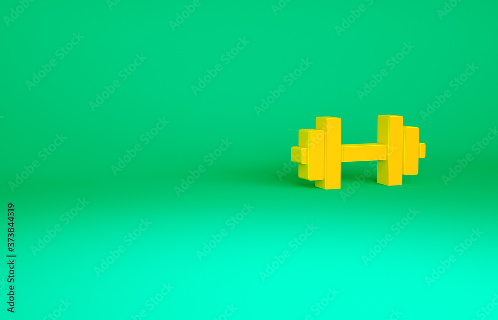 Obraz premium Orange Dumbbell icon isolated on green background. Muscle lifting icon, fitness barbell, gym, sports equipment, exercise bumbbell. Minimalism concept. 3d illustration 3D render.