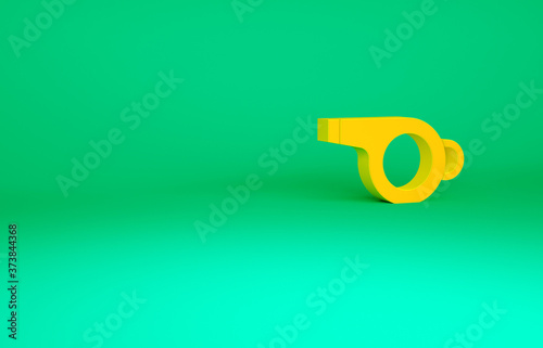 Orange Whistle icon isolated on green background. Referee symbol. Fitness and sport sign. Minimalism concept. 3d illustration 3D render.