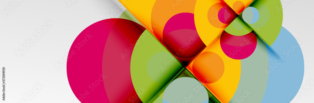 Bright color circles, abstract round shapes and triangles composition with shadow effects. Vector modern geometric design template