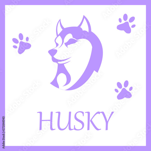 Greeting card husky silhouette. Very beautiful dog with text and paw prints.