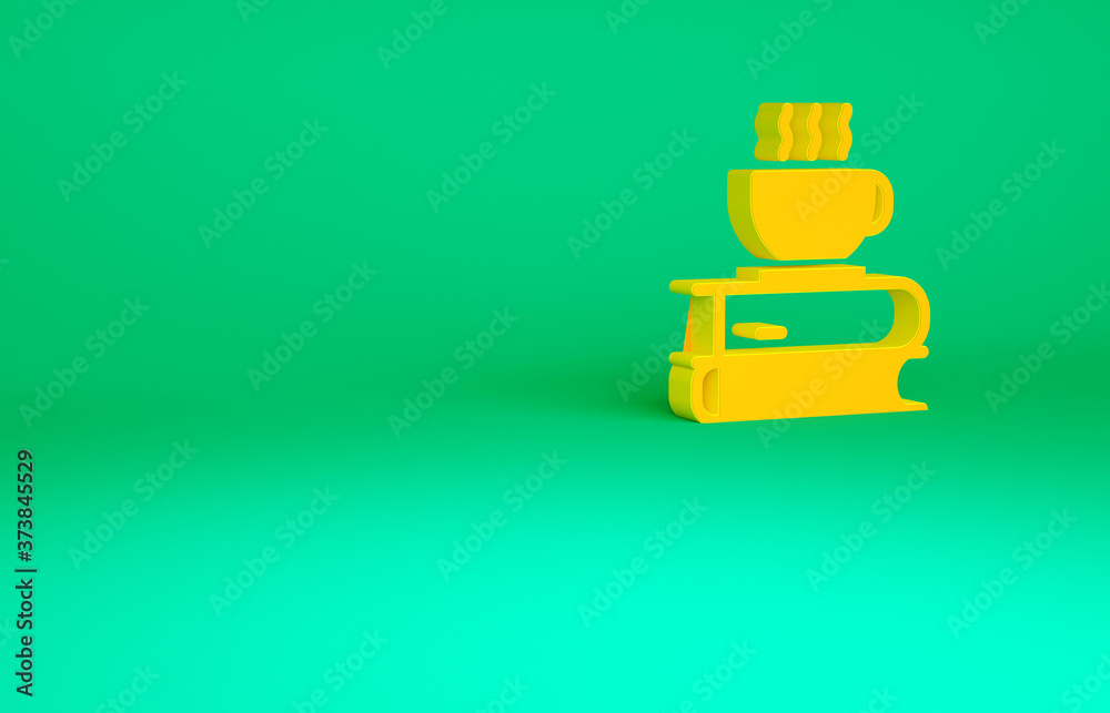 Orange Coffee cup and book icon isolated on green background. Tea cup. Hot drink coffee. Minimalism concept. 3d illustration 3D render. Orange Coffee cup and book icon isolated on green background. Tea cup. Hot drink coffee. Minimalism concept. 3d illustration 3D render.