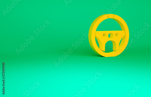 Orange Steering wheel icon isolated on green background. Car wheel icon. Minimalism concept. 3d illustration 3D render.