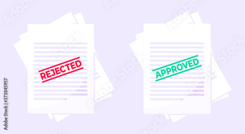 Rejected and approved claim or credit loan form, paper sheets and stamps flat style design vector illustration. Verify or deny document, cv resume, insurance application form set.