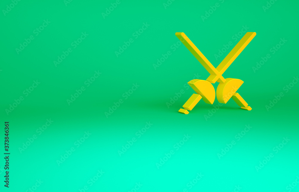 Orange Fencing icon isolated on green background. Sport equipment. Minimalism concept. 3d illustration 3D render. Orange Fencing icon isolated on green background. Sport equipment. Minimalism concept. 3d illustration 3D render.