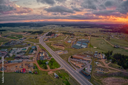 Aerial View of as small Colorado Mountain Town at Sunset