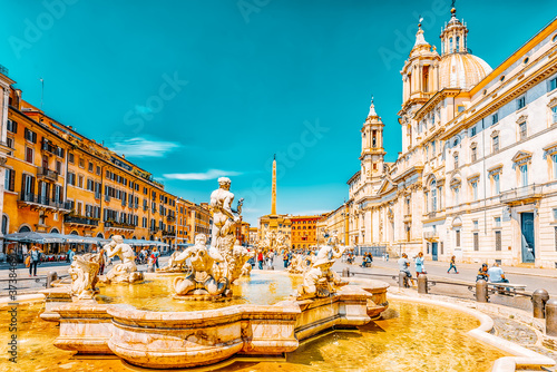 ROME, ITALY - MAY 09, 2017 : Piazza Navona  is a square in Rome, Italy. It is built on the site of the Stadium of Domitian, built in 1st century AD. Fountain of the Moor(Fontana del Moro).Italy. photo