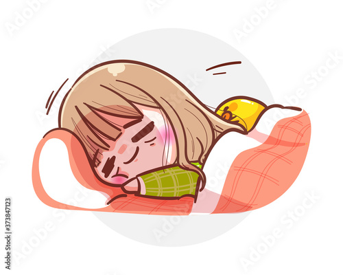 Slika na platnu Young woman go to bed and rest in exhaustion isolated on white background with nice sleeping concept