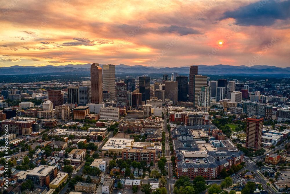 Aerial View of Denver, Colorado at Sunset