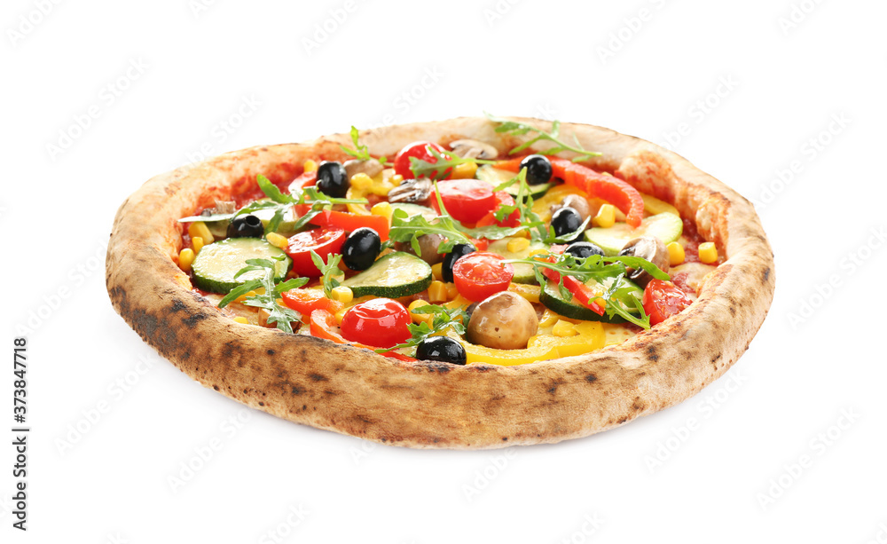 Delicious hot vegetable pizza on white background