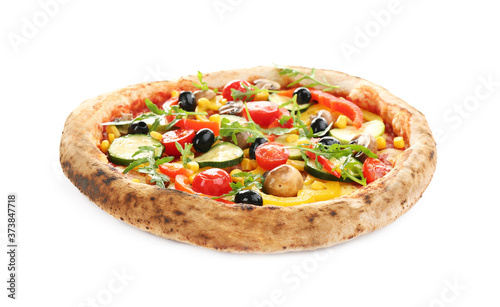 Delicious hot vegetable pizza on white background