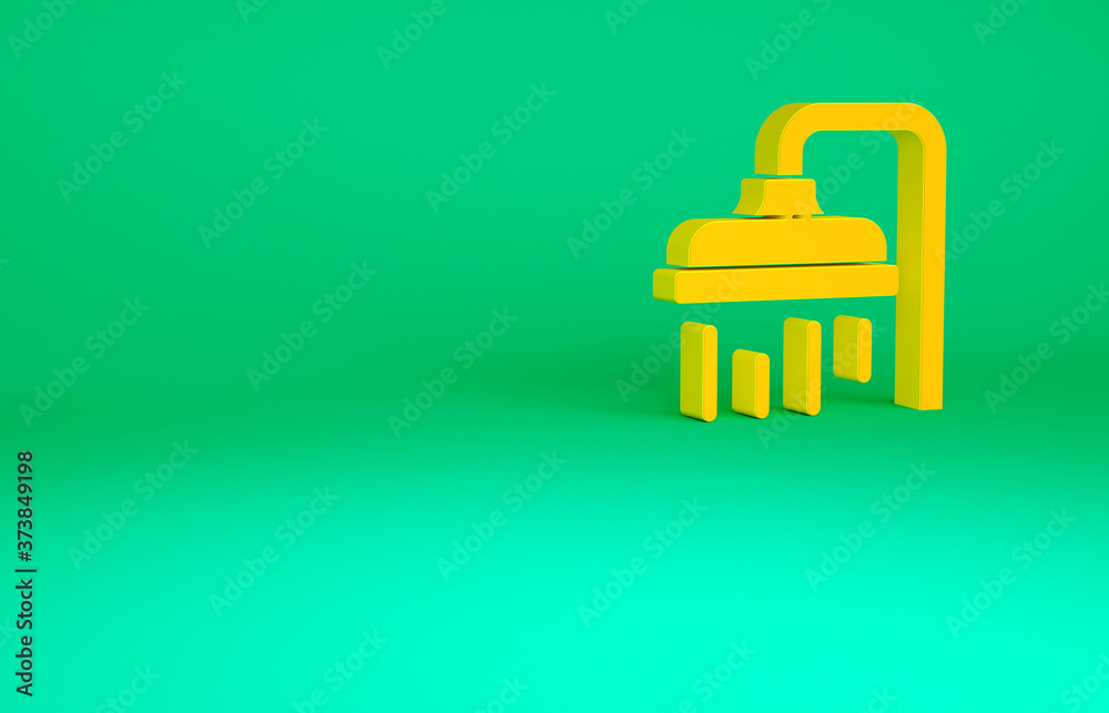 Orange Shower head with water drops flowing icon isolated on green background. Minimalism concept. 3d illustration 3D render. Orange Shower head with water drops flowing icon isolated on green background. Minimalism concept. 3d illustration 3D render.