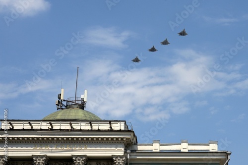 Russian fifth-generation su-57 multi-purpose fighters in the sky over Moscow during the dress rehearsal of the Victory parade