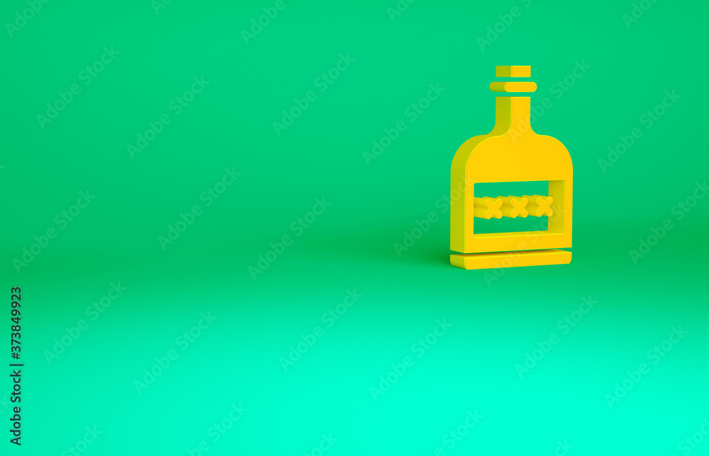 Orange Alcohol drink Rum bottle icon isolated on green background. Minimalism concept. 3d illustration 3D render. Orange Alcohol drink Rum bottle icon isolated on green background. Minimalism concept. 3d illustration 3D render.