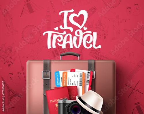 I love travel text vector banner design. Travel and tourism concept with world famous landmarks and destination, travelling suitcase bag, passport and text in red pattern background. Vector 
