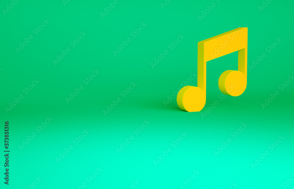 Orange Music note, tone icon isolated on green background. Minimalism concept. 3d illustration 3D render. Orange Music note, tone icon isolated on green background. Minimalism concept. 3d illustration 3D render.