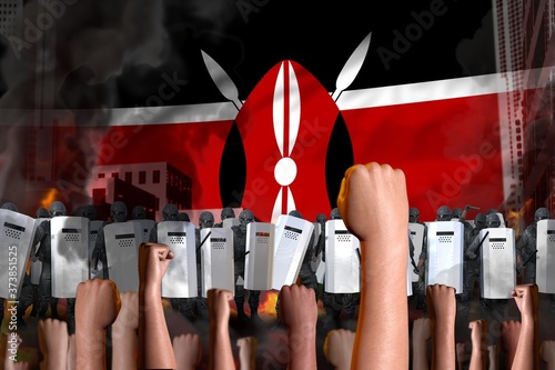 Billede på lærred mutiny fighting concept - protest in Kenya on flag background, police officers s
