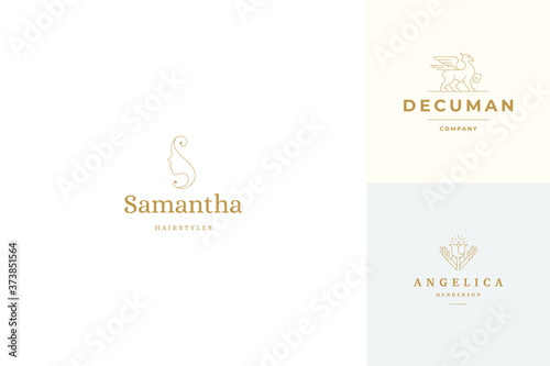 Vector line logos emblems design templates set - female face and gesture hands illustrations simple minimal linear style