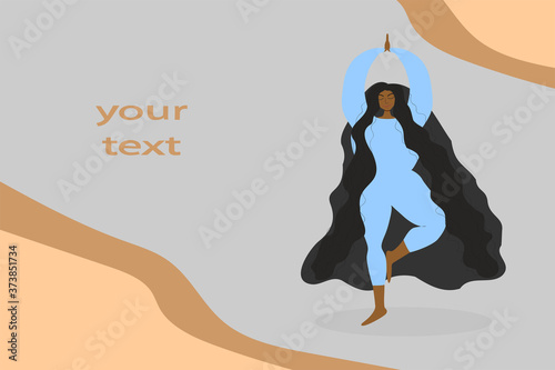 black-skinned girl with long hair and raised arms is doing yoga while standing. web page. copy space. space for text