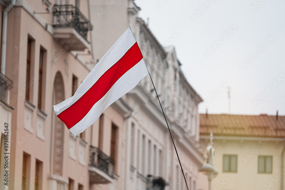 MINSK, BELARUS - August 23, 2020:  March of New Belarus in Minsk. Flag of Belarus. White red white