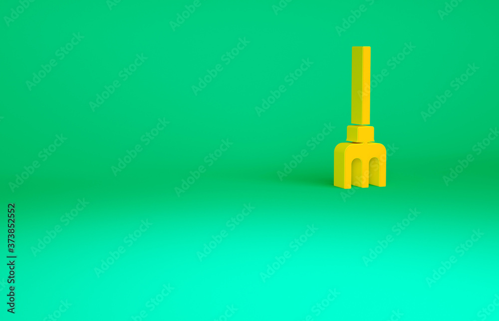 Orange Garden rake icon isolated on green background. Tool for horticulture, agriculture, farming. Ground cultivator. Minimalism concept. 3d illustration 3D render. Orange Garden rake icon isolated on green background. Tool for horticulture, agriculture, farming. Ground cultivator. Minimalism concept. 3d illustration 3D render.