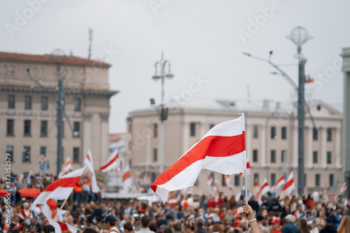 MINSK, BELARUS - August 23, 2020:  March of New Belarus in Minsk. Flag of Belarus. White red white photo
