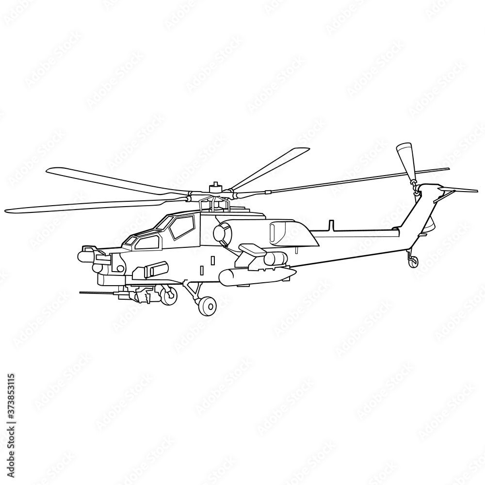 helicopter sketch, coloring, isolated object on white background, vector illustration,