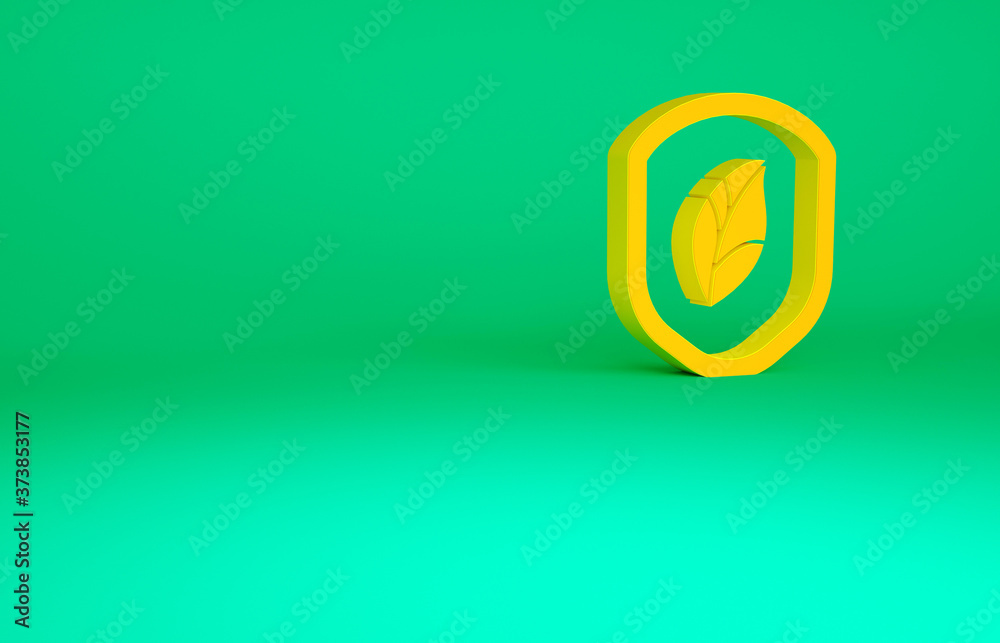 Orange Shield with leaf icon isolated on green background. Eco-friendly security shield with leaf. Minimalism concept. 3d illustration 3D render. Orange Shield with leaf icon isolated on green background. Eco-friendly security shield with leaf. Minimalism concept. 3d illustration 3D render.