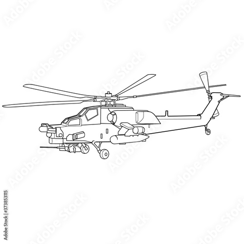 helicopter sketch, coloring, isolated object on white background, vector illustration,