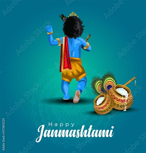 vector illustration of Lord Krishna Happy Janmashtami festival of India with text
