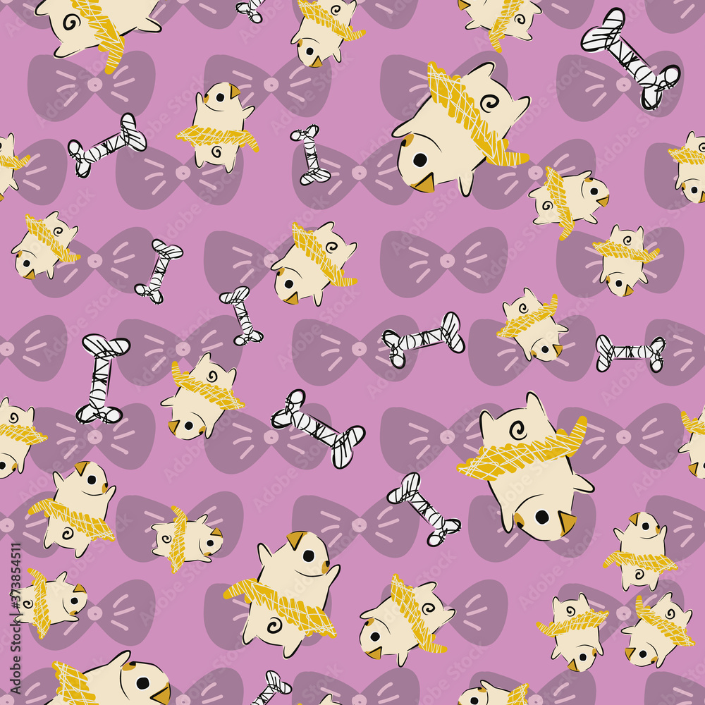 Pug Dog Tutu Bone Bow Tie seamless pattern Pug Dog Tutu Bone Bow Tie seamless pattern