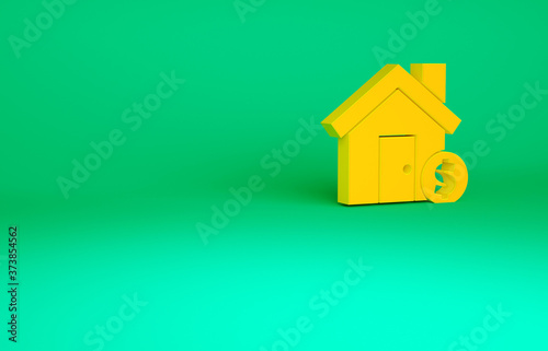 Orange House with dollar symbol icon isolated on green background. Home and money. Real estate concept. Minimalism concept. 3d illustration 3D render.
